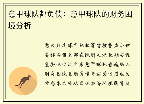 意甲球队都负债：意甲球队的财务困境分析